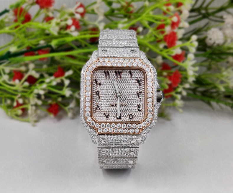 Moissanite Diamond iced out Luxury watches, Fully Automatic Hip Hop Buss Down Watch Two Tone (Rose)