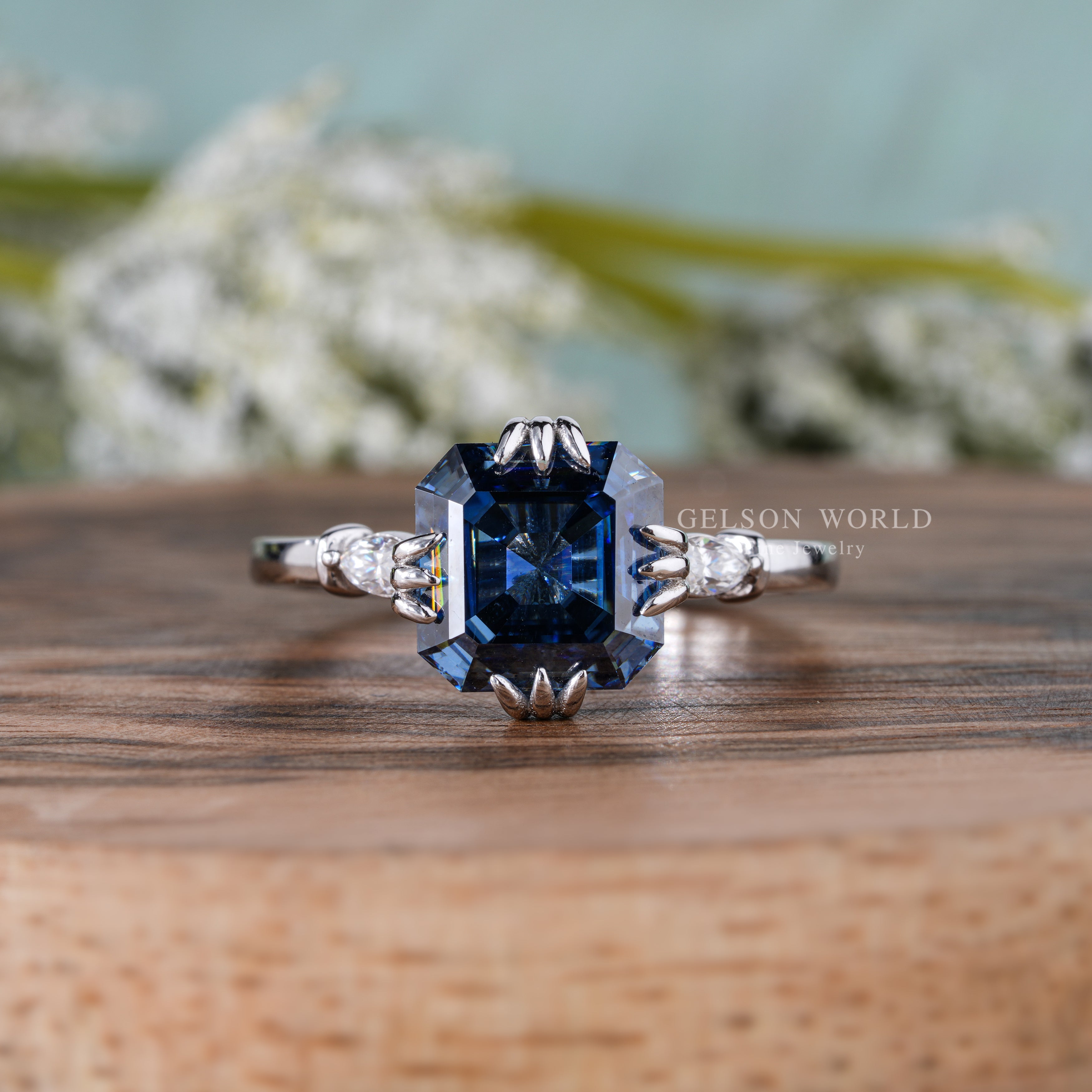 Dark Blue Asscher Cut Moissanite Engagement Ring