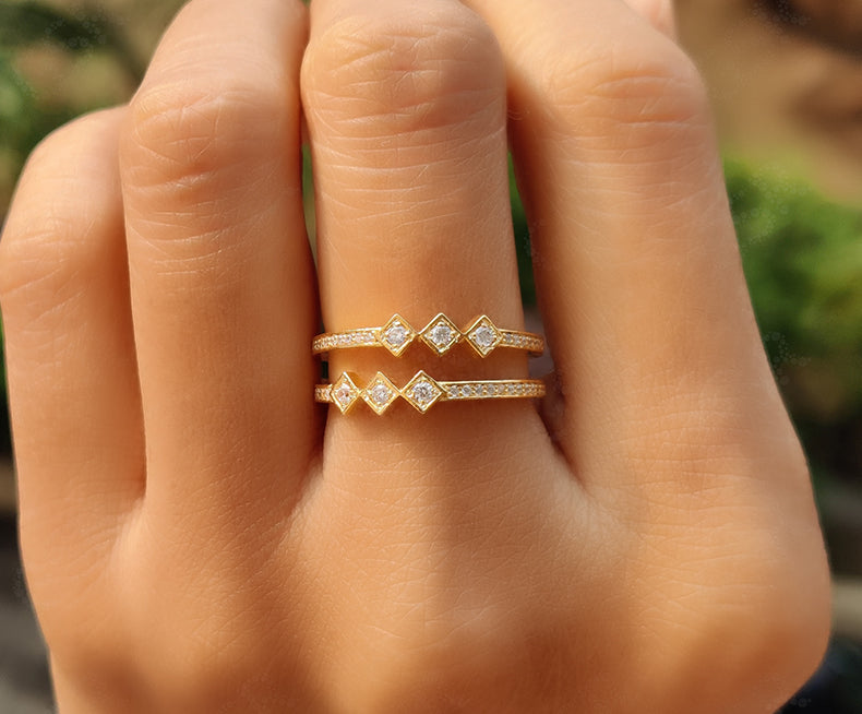 Dual Band Silver and Gold Moissanite Stacking Ring - Dainty Stackable Minimalist Ring - Women's Unique Fine Jewelry