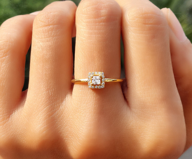 Regal Elegance: Princess Cut Moissanite Ring in Silver and Gold, a Stunning Halo Engagement Ring and Stacking Delight