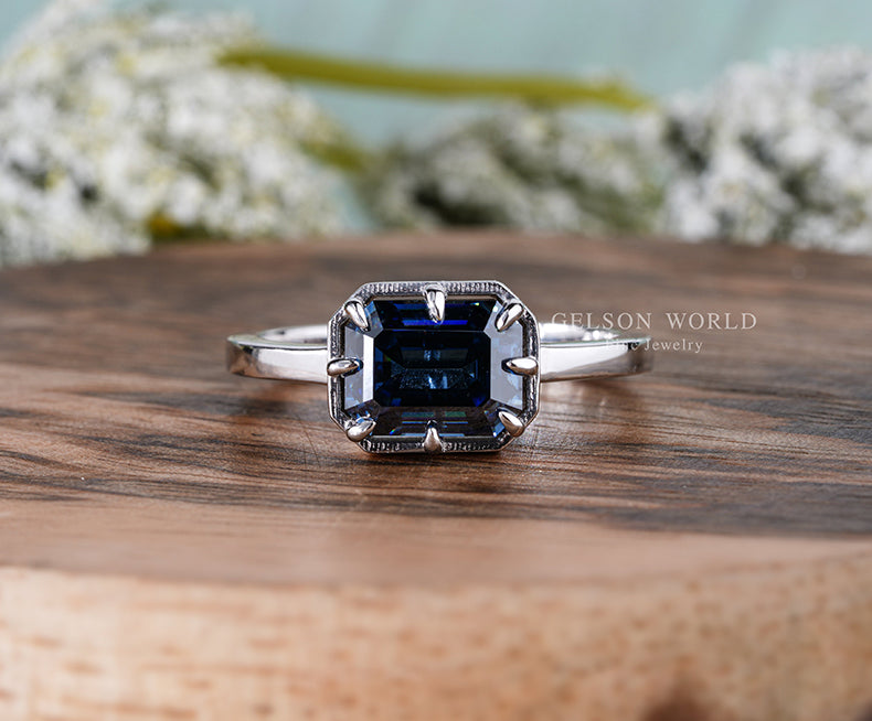 East West Emerald Cut Engagement Ring, Blue Emerald Cut Moissanite Solitaire Ring, Sideways Promise Ring For Her, Mom Birthstone Ring