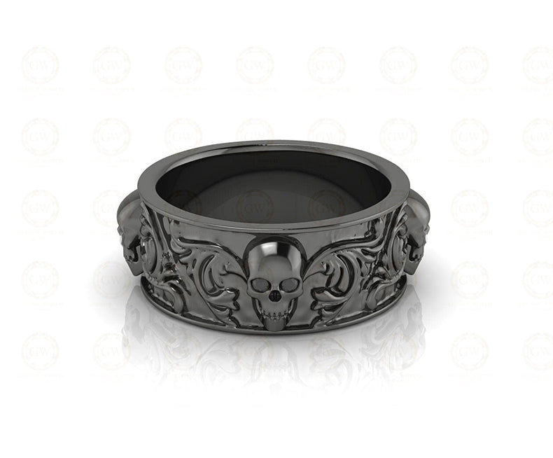 8 mm Wide Nature Inspired Unique Gothic Skull Wedding Band, Simulated Diamond, Sterling silver, Anniversary Ring, Floral Eternity Band