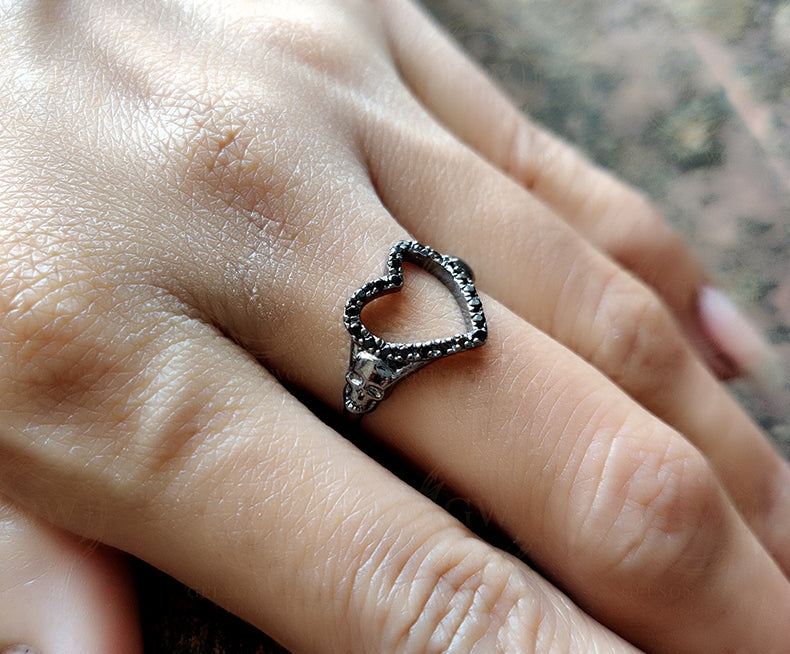 Open heart ring, Hollow heart shape ring, Gothic Skull Women Ring, Two Skull bride wedding engagement promise ring for women, 925 Silver