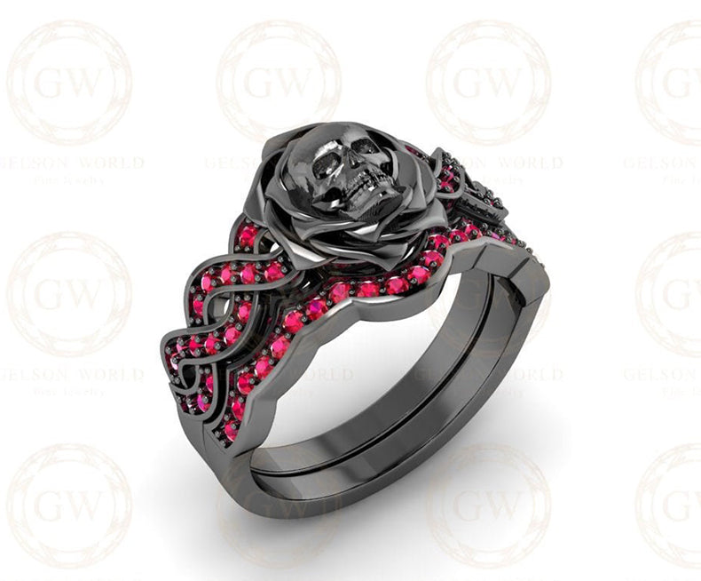 Gothic Skull Bridal CZ Wedding Ring Sets, Rose Floral Gemstone Engagement Ring, Sterling Silver, Criss Cross Nature Inspired Design