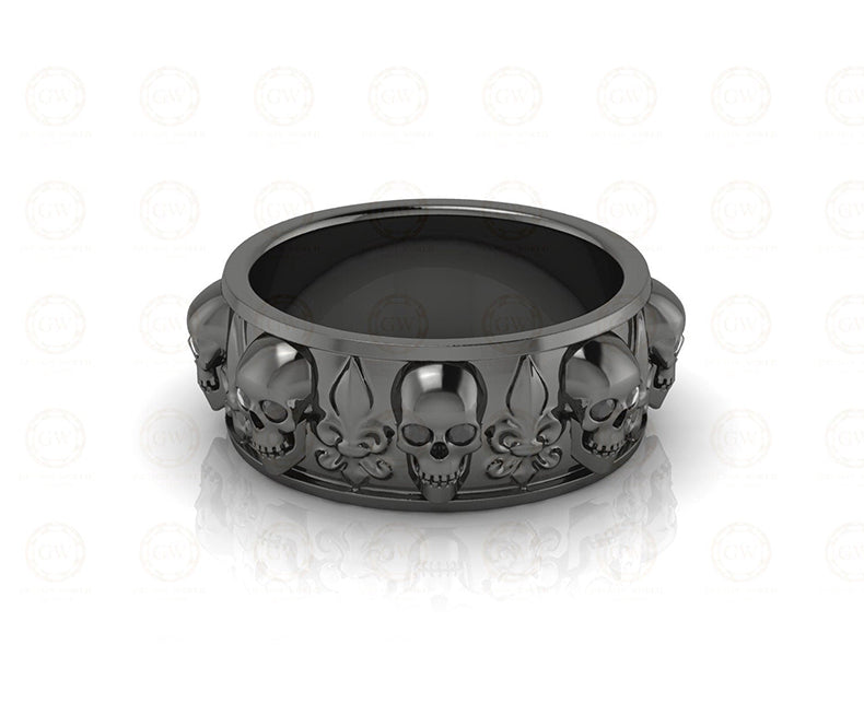 8 mm Wide Unique Gothic Skull Wedding Band, heraldic lily, Biker Ring, Simulated Diamond, Sterling silver, Anniversary Ring, Eternity Band