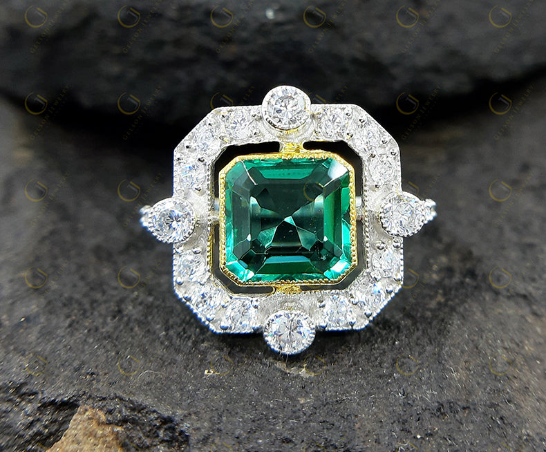 Ocean Green Asscher cut Vintage Engagement ring, art deco style Wedding ring, Antique Two Tone statement ring In Sterling Silver