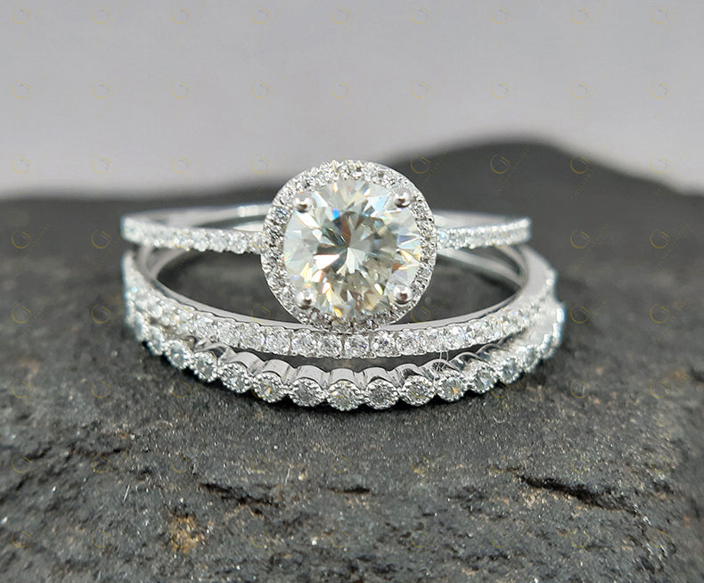 Moissanite Engagement Ring Set / 935 Argentium Silver / Bridal Ring Set / 3 piece ring set / Trio ring set / Vintage Matching Bands for Her