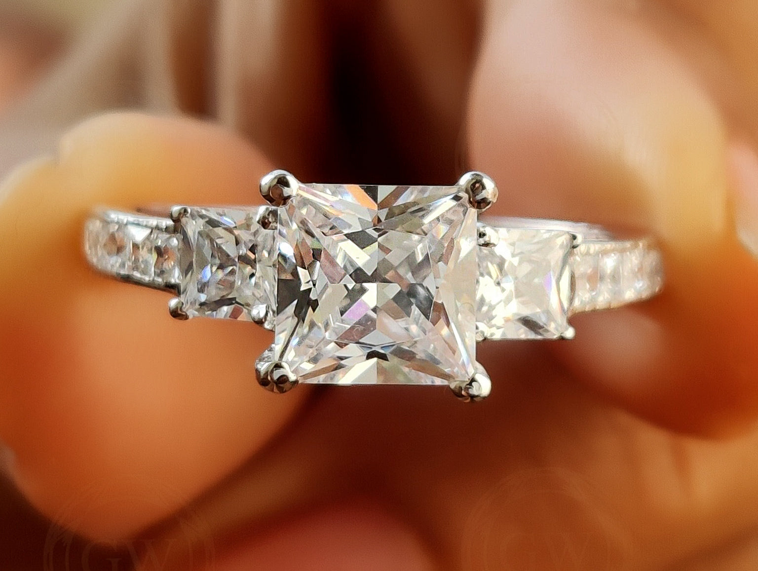 Princess Moissanite 3 Stone Engagement Ring / Channel Set Wedding Ring