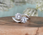 Round Moissanite Toi Et Moi Engagement Ring, Bypass Two Stone Ring For Women, Unique Double Stone Ring, White Gold Promise Ring For Her