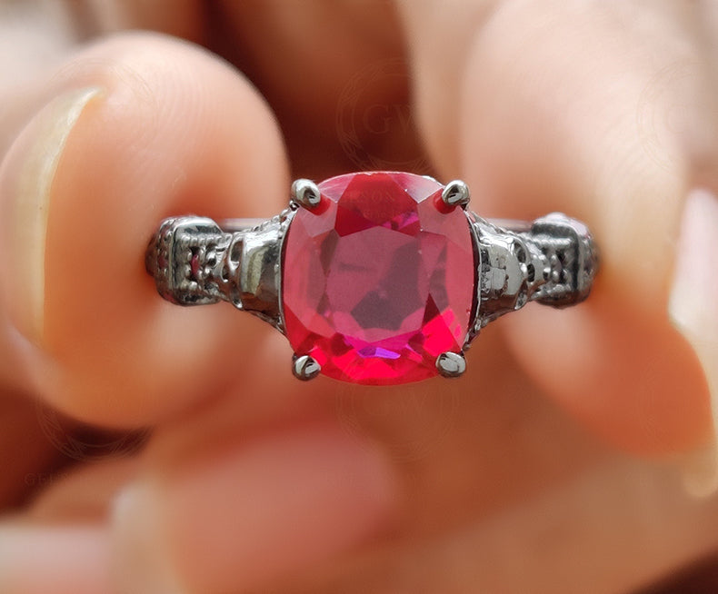 2.30 Ct Unique Gothic Skull Cushion Cut Floral Vintage Bridal Engagement Ring, Birthstone July Ruby gemstone Women ring, Sterling Silver