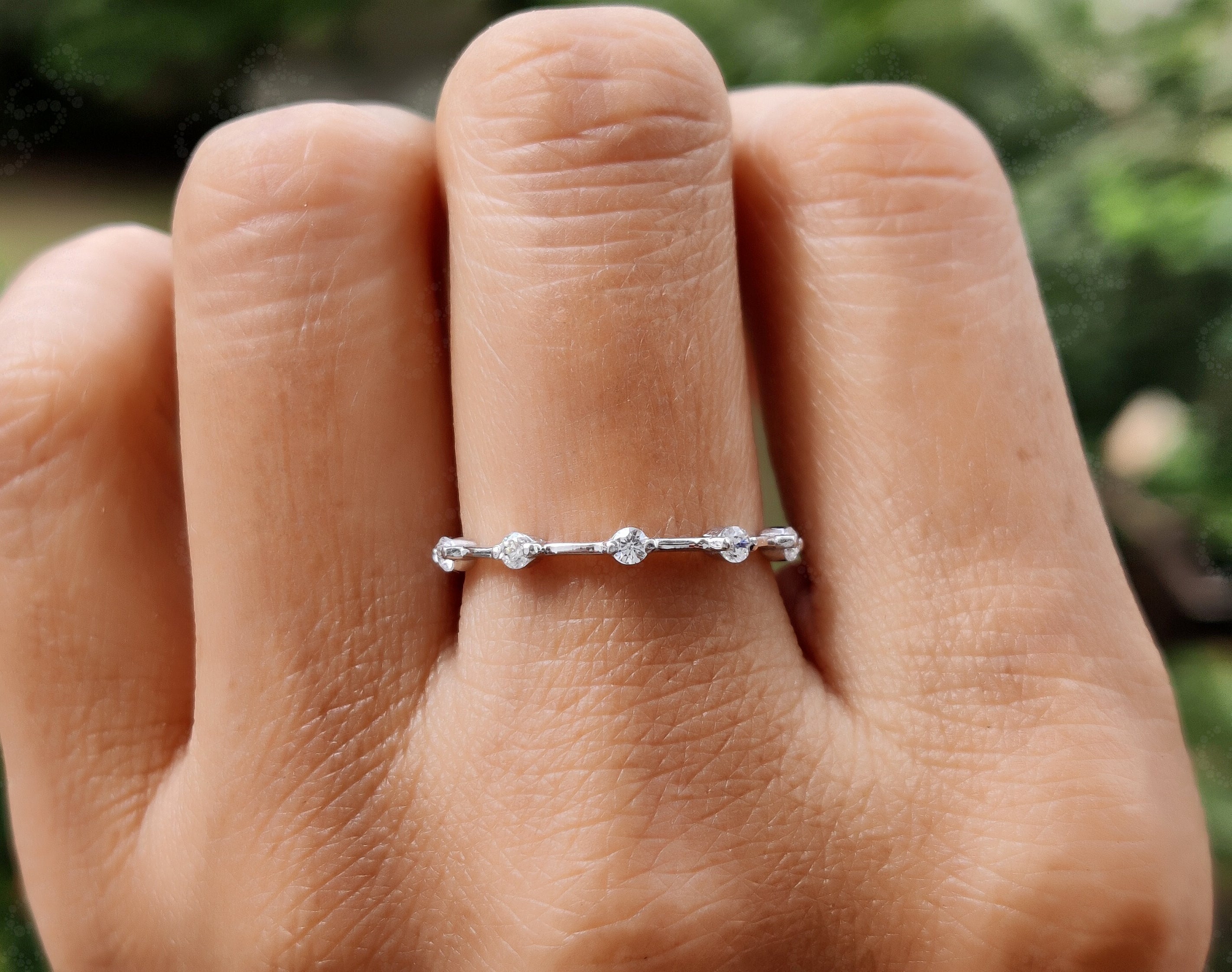 Elegant Round Moissanite Dainty Wedding Band - Silver and Gold Stackable Ring