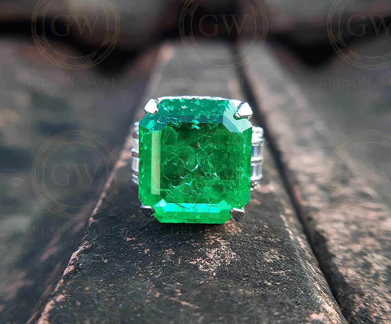 14 Ct Green Emerald Cut Cocktail Engagement Ring, Natural Looking Emerald Gemstone Art Deco Ring, Celebrity Inspired Ring