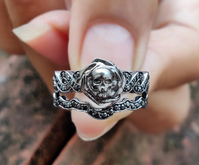 Gothic Skull Bridal Wedding Ring Sets, Moissanite Rose Floral Engagement Ring, Twisted Nature Inspired Set, Black Rhodium Plated Silver Ring