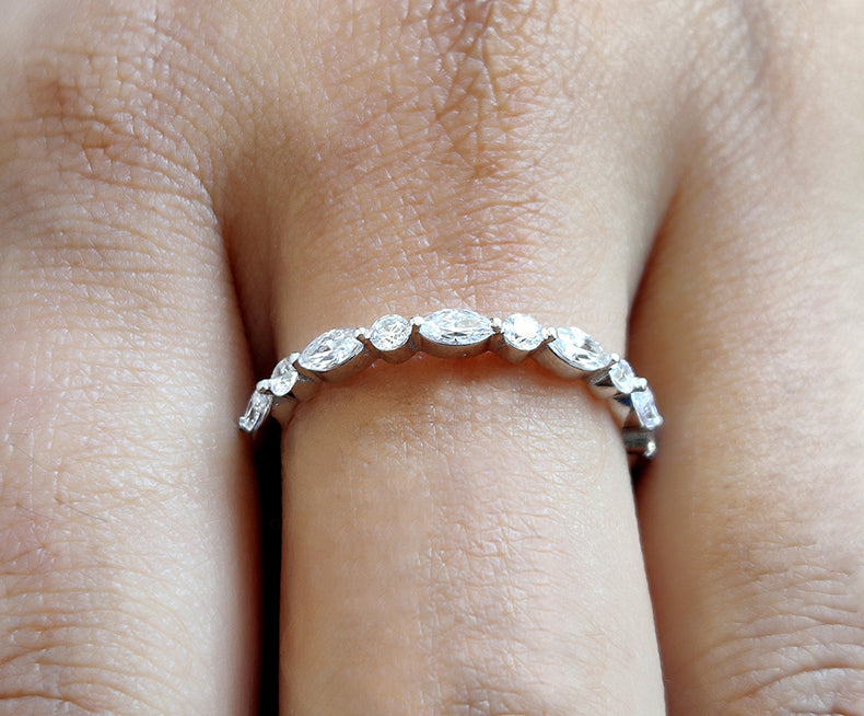 Alternating Round And Marquise Moissanite Wedding Bands Women, Floating Bubble Band, Shared Single Prong Band, Half Eternity Stacking Ring