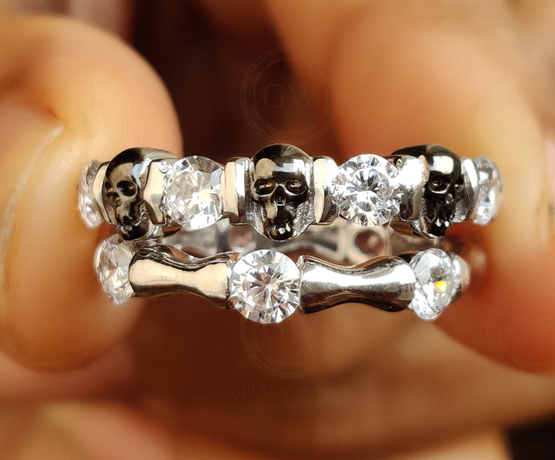 1.65 Ct Unique Gothic Bone Skull Bridal CZ Engagement Wedding Ring Set, Man Made Diamond, Sterling silver, Matching Band, Bridal Jewelry