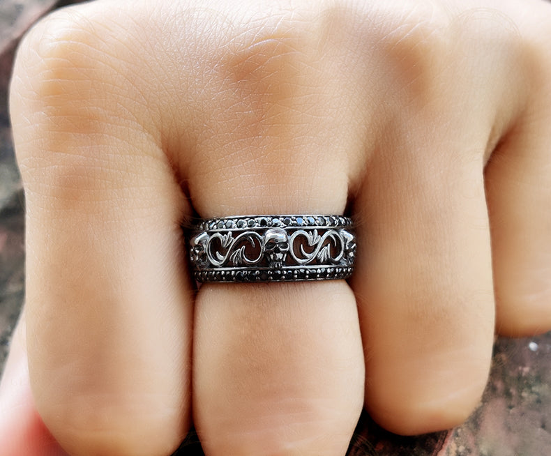 8 mm Wide Floral Unique Gothic Skull Wedding Band, Moissanite Diamond Silver Ring, 2 Row Anniversary Ring, Nature Inspired Eternity Band