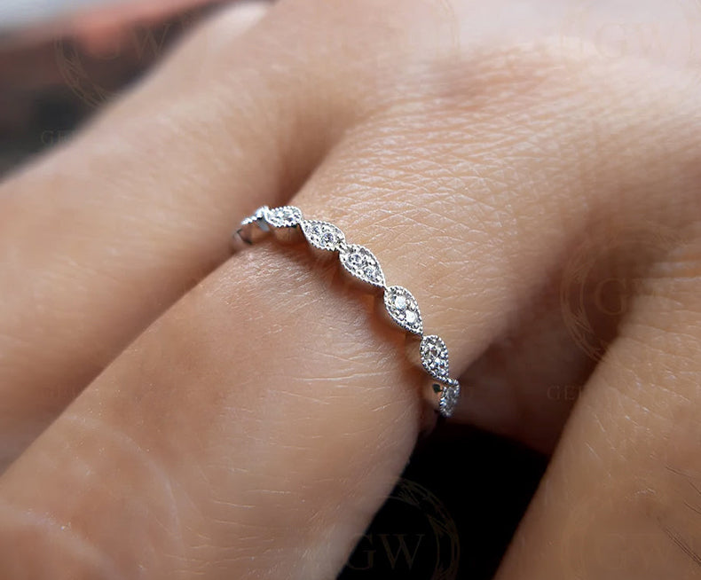 Vintage Wedding Band / Round Colorless Moissanite / Art Deco Band / Half Eternity Ring / Anniversary Band / Matching Band / Band For Her