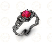 Solitaire Engagement Ring, Skull Women Ring, Nature Inspired Design, Ruby Birthstone Ring, Two skull Gothic Wedding ring, Sterling Silver