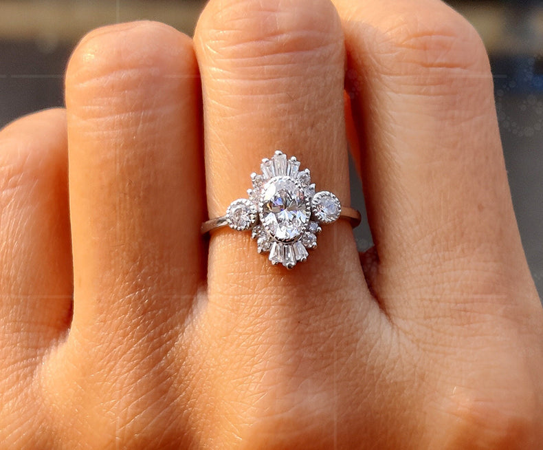 Oval Moissanite Starburst Halo Engagement Ring: A Vintage Art Deco Marvel in Silver and Gold, Perfect for Timeless Elegance