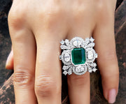 7.15 Tcw Vintage Emerald Estate Ring For Women, Cocktail Ring, Sterling Silver, Art Deco Engagement Ring, Jewelry for her