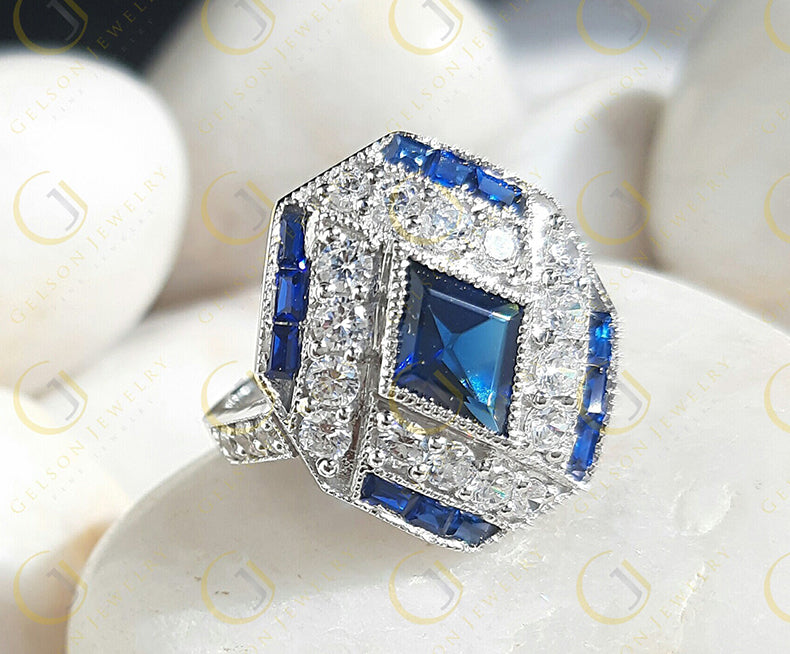 Estate Jewelry / Art Deco Engagement Ring / Blue Sapphire Vintage Wedding Ring For Women / Gift For Her