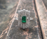 Edwardian Emerald Ring, May Birthstone Engagement Ring, Art Deco Milgrain Ring, Vintage Estate Rings For Women, Unique Green Gemstone Ring