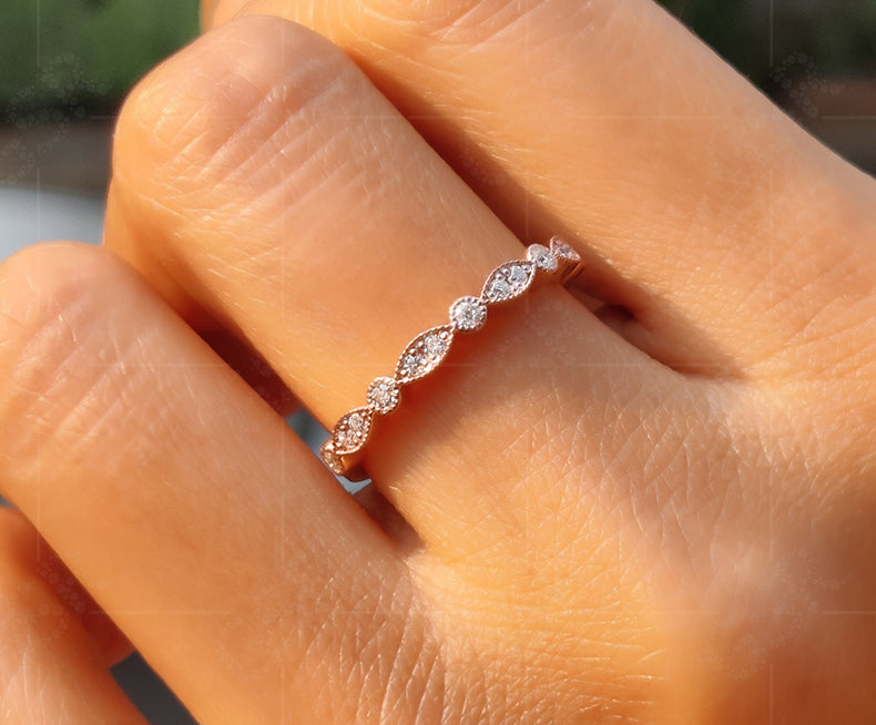 Vintage Marquise Wedding Band - Art Deco Milgrain Moissanite Diamond Ring for Stackable Matching Sets