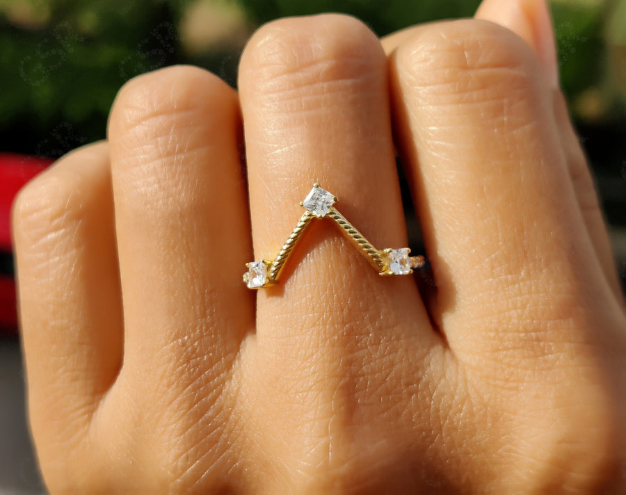 Elegant Gold Chevron Ring - Princess Moissanite Wedding Beauty - Geometric Stacking Ring - Dainty Anniversary Ring