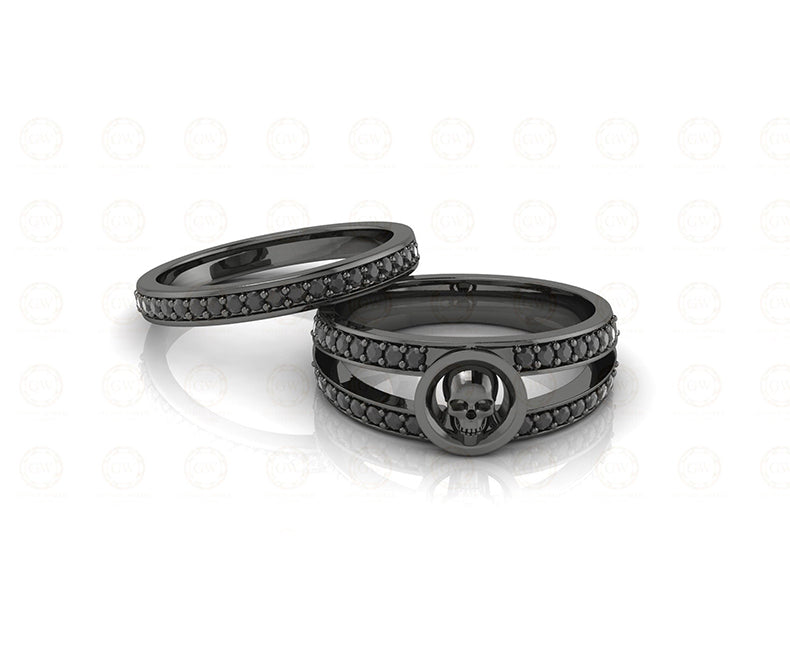 0.45 Ct Unique Black Gothic Halo Bridal Skull Engagement Ring Set, Matching Skull Wedding Rings, Sterling silver, Half Eternity Band