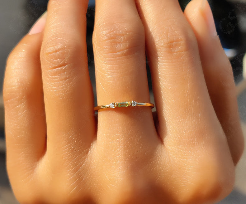 Stunning Stackable Birthstone Rings - Silver and Gold Baguette Peridot Stacking Beauty - Minimalist Three-Stone Dainty Ring