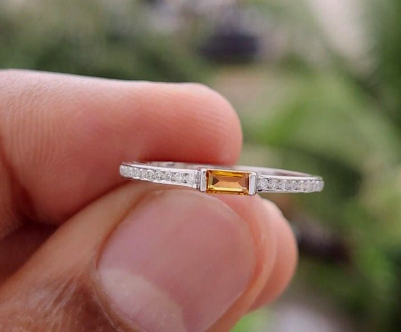 Sunny Glow: Citrine November Birthstone Ring for Women - Yellow Gemstone Baguette Ring, Dainty Personalized Stackable Ring, Minimalist Jewelry