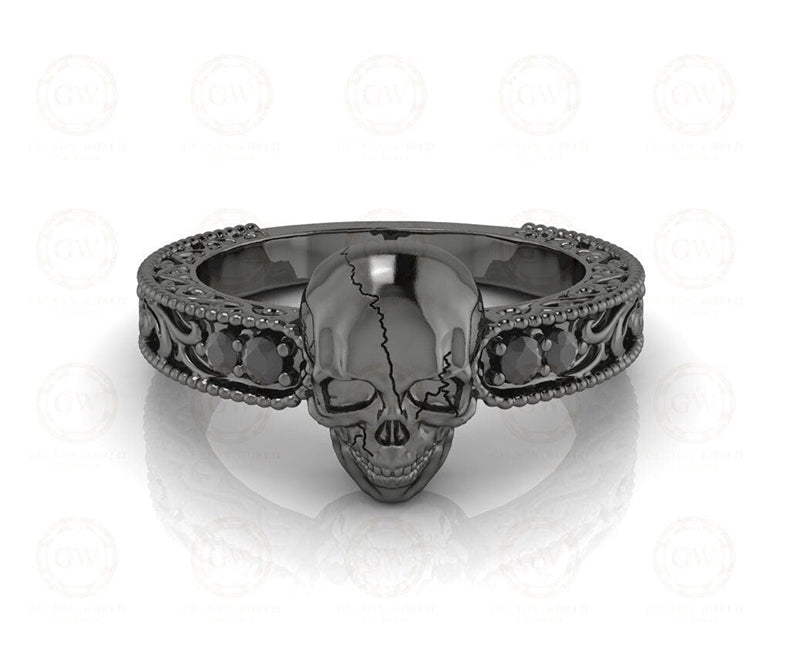 Unique Black Skull Vintage Engagement Ring, Gothic Wedding Ring, 925 Sterling silver, Women Skull ring