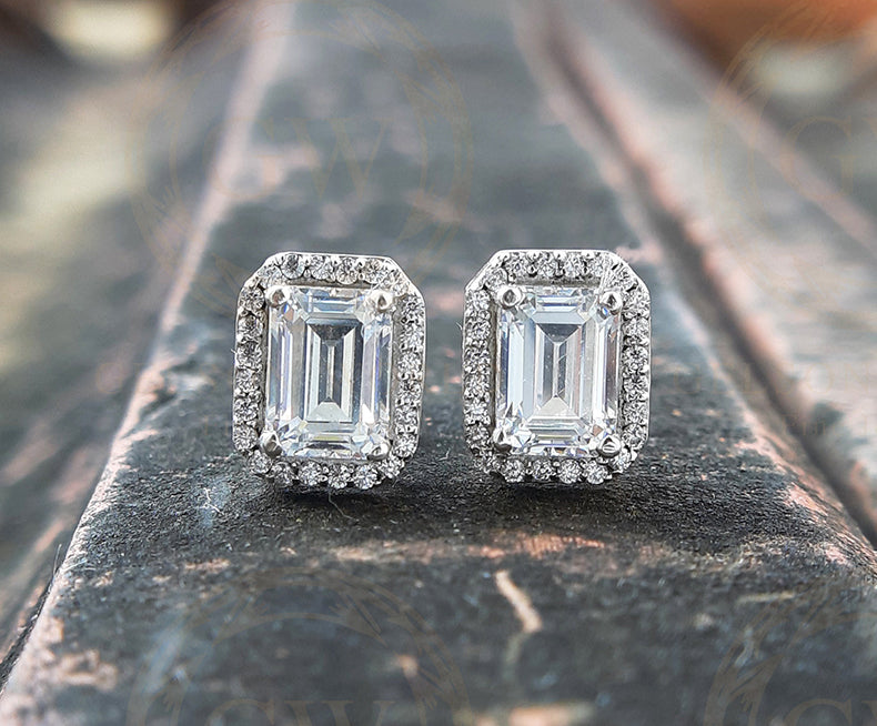 2.25 Ct Emerald Cut Earrings, Halo Stud Earrings, Wedding Earrings, Emerald Stud Earrings, bridesmaids earring, Bridal Earrings For Women