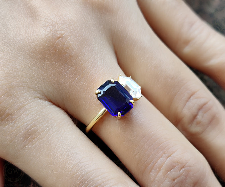 Toi Et Moi Ring, 2 Stone Engagement Ring, Sterling Silver Wedding Ring, Blue Emerald Sapphire & Duchess Cut Ring, Anniversary Women ring