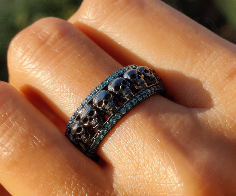 Aquamarine Eternity Ring / 9 mm Wide Black Silver Gothic Skull Wedding Band / Gemstone Birthstone Ring / Full Eternity Band for Men & Women