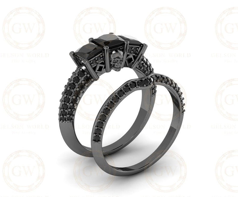 2.20 Ct Gothic Skull Bridal Wedding Ring Set, Unique Skull Princess Diamond Knife Edge 3 Stone Engagement ring set, Stacking Matching Band