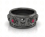 10 mm Wide Nature Inspired Floral Gothic Skull Wedding Band, Birthstone July Ruby gemstone ring, 925 Sterling Silver, Floral Eternity Band