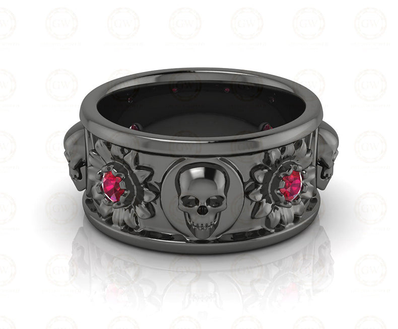 10 mm Wide Nature Inspired Floral Gothic Skull Wedding Band, Birthstone July Ruby gemstone ring, 925 Sterling Silver, Floral Eternity Band