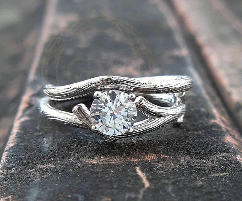 0.85 Ct Round Cut Twig Solitaire Engagement Wedding Ring Set, Matching band, Moissanite Ring, Silver Ring Set, Nature Inspired Ring Set