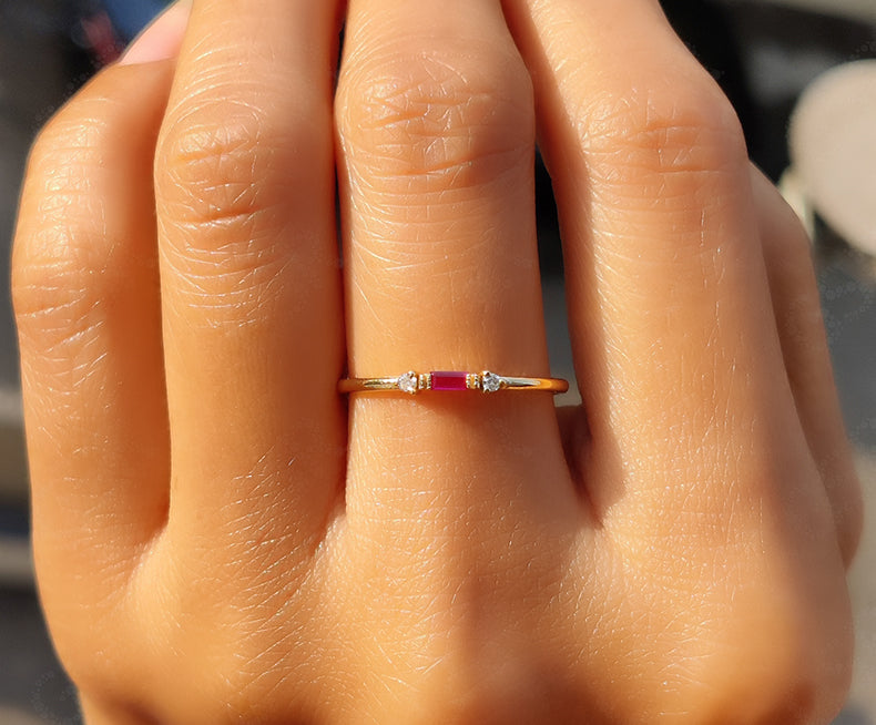 Elegant Stackable Birthstone Rings - Silver and Gold Ruby Beauty - Baguette Ruby Stacking Ring, Ideal Minimalist Ruby Ring with Three-Stone Ruby Promise