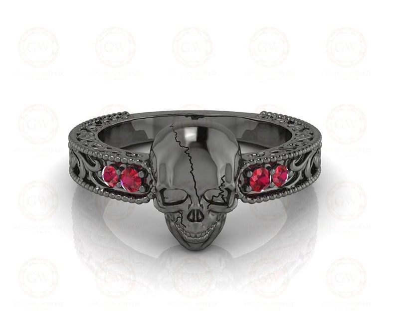 Unique Ruby Gothic Skull Vintage Engagement Ring, July Birthstone gemstone Ring, Skull Women Wedding ring, 925 Sterling Silver