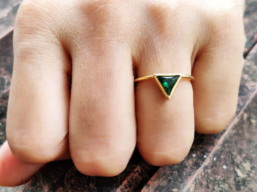 Silver and Gold Triangle Shape Emerald Minimalist engagement ring, Matching Stacking Ring, Dainty Diamond Ring, Gemstone Birthstone Ring