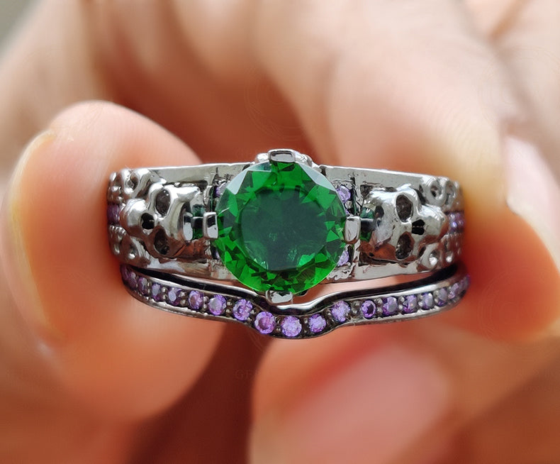 Unique Gothic Skull Bridal Wedding Ring Set, Emerald & Amethyst Birthstone Vintage Engagement ring set, Matching Band for her, Black Skull