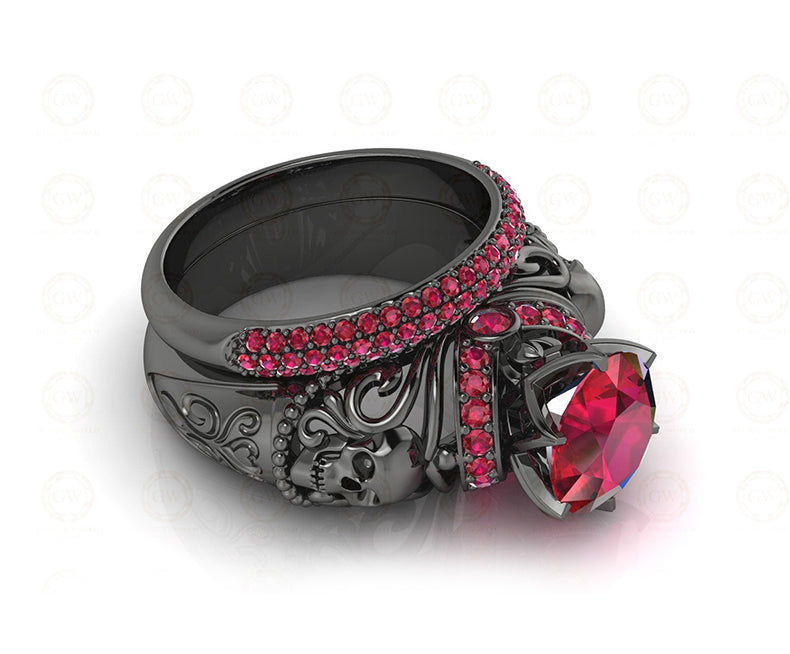 2.15 Ct Gothic Skull Round Floral Vintage Engagement Wedding Ring Set, Birthstone July Ruby gemstone ring, Matching Band, Ring Set For Women