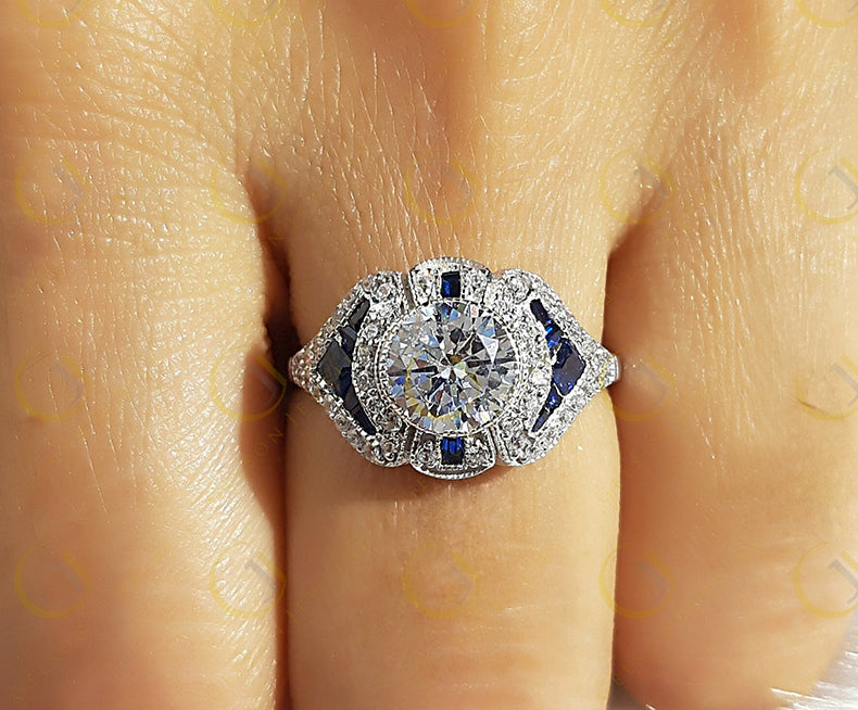 Estate Jewelry / Vintage Engagement Ring For Women / Blue Sapphire Art Deco ring / Round Moissanite Ring / Estate ring / 925 Sterling Silver