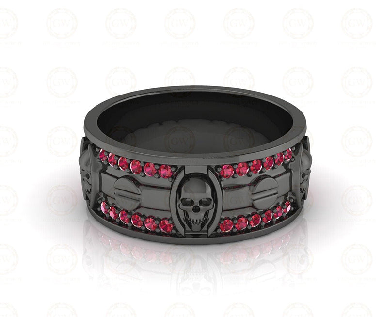 8 mm Wide Unique Design Bridal Gothic Skull Wedding Ring, Punk Biker Ring, Birthstone July Ruby gemstone ring, Sterling Silver, Anniversary