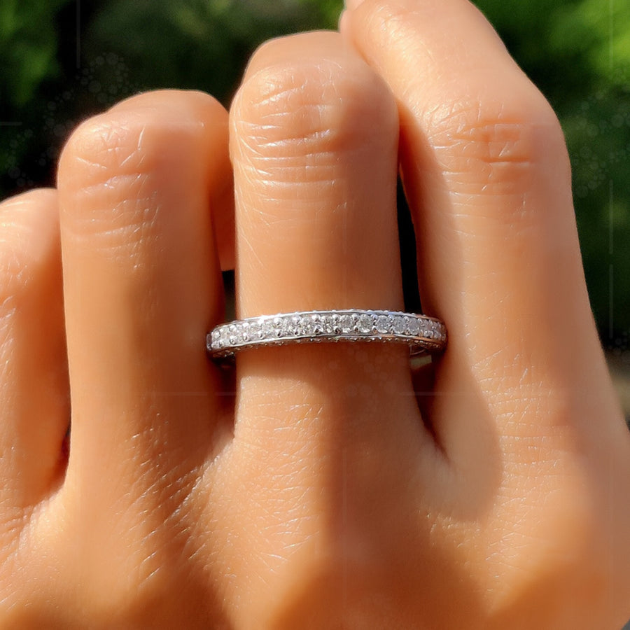 Elegance in Triplicate: 3-Sided Pave Moissanite Wedding Band in Silver and Gold for Timeless Anniversaries