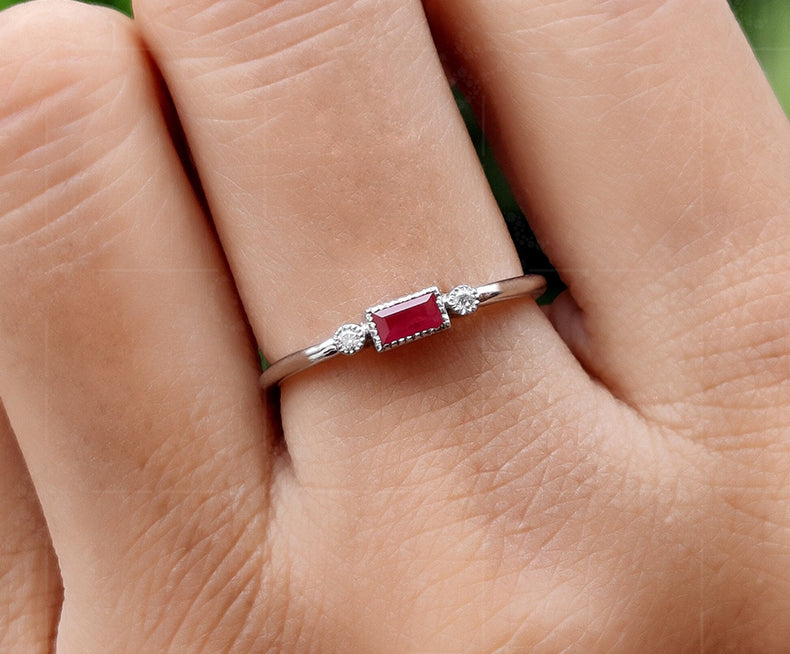 Stackable Ruby Baguette Ring - July Birthstone Minimalist Jewelry