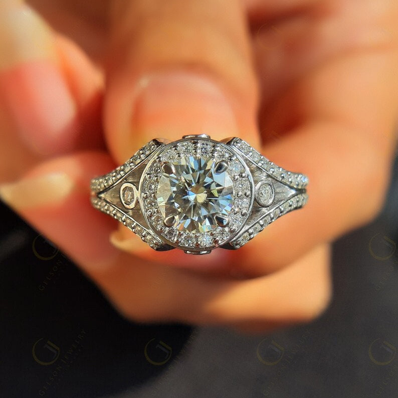 Art Deco Style Moissanite Ring Women, Vintage Round Halo Engagement Ring, Split Shank Ring, Unique Simulate Diamond Ring For Engagement