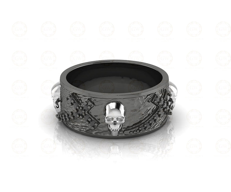 8 mm Wide Unique Cross Men's Gothic Skull Wedding Band, Punk Style Biker Ring, Black CZ Sterling silver, Anniversary Ring, Eternity Band